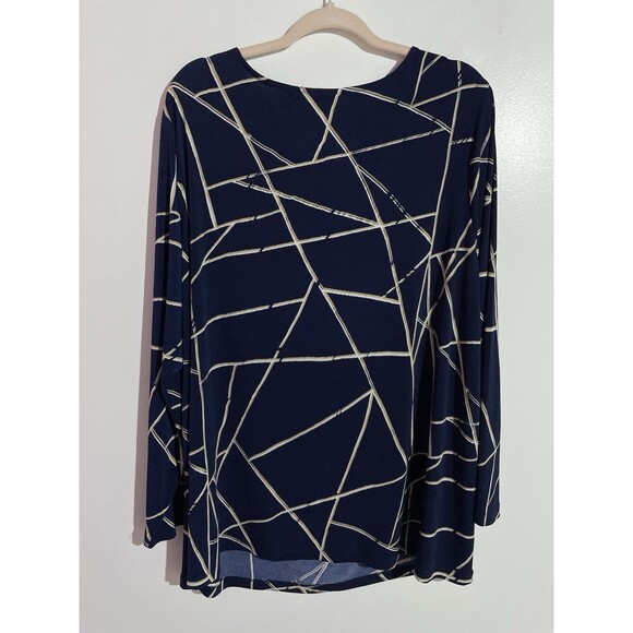 Susan Graver Top 2X Blue Geometric Liquid Knit Cocktail Office Artsy Brunch - Picture 6 of 9